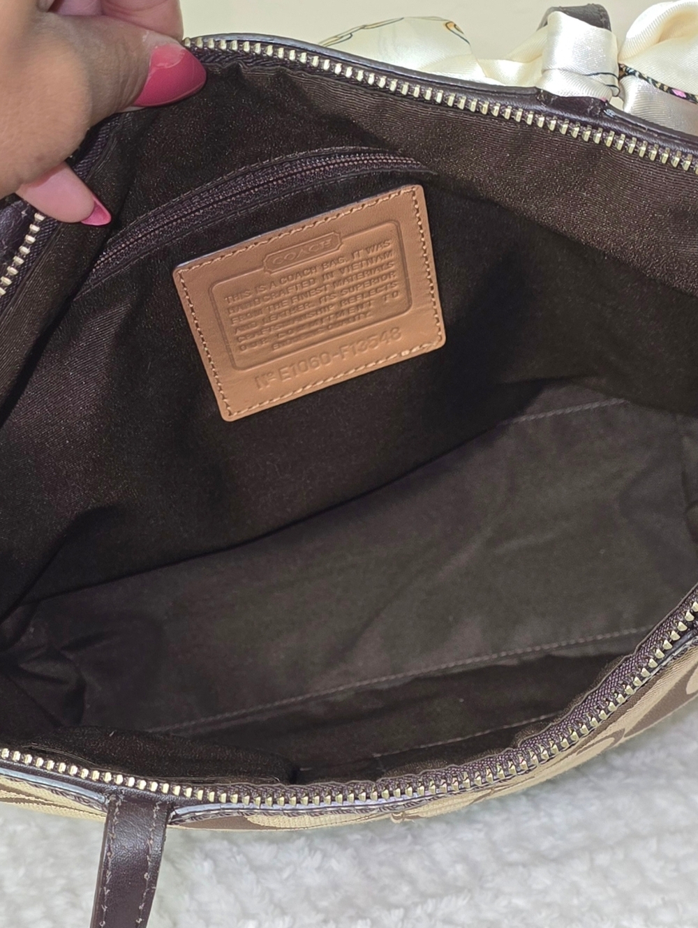 Coach Signature Stripe Canvas Tote Bag Brown Khaki Leather Trim Zip Top - Picture 7 of 11